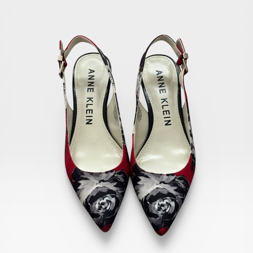 Anne Klein Expert Red Black Floral Multi Slingback Kitten Heel Pumps Sz 7 1/2